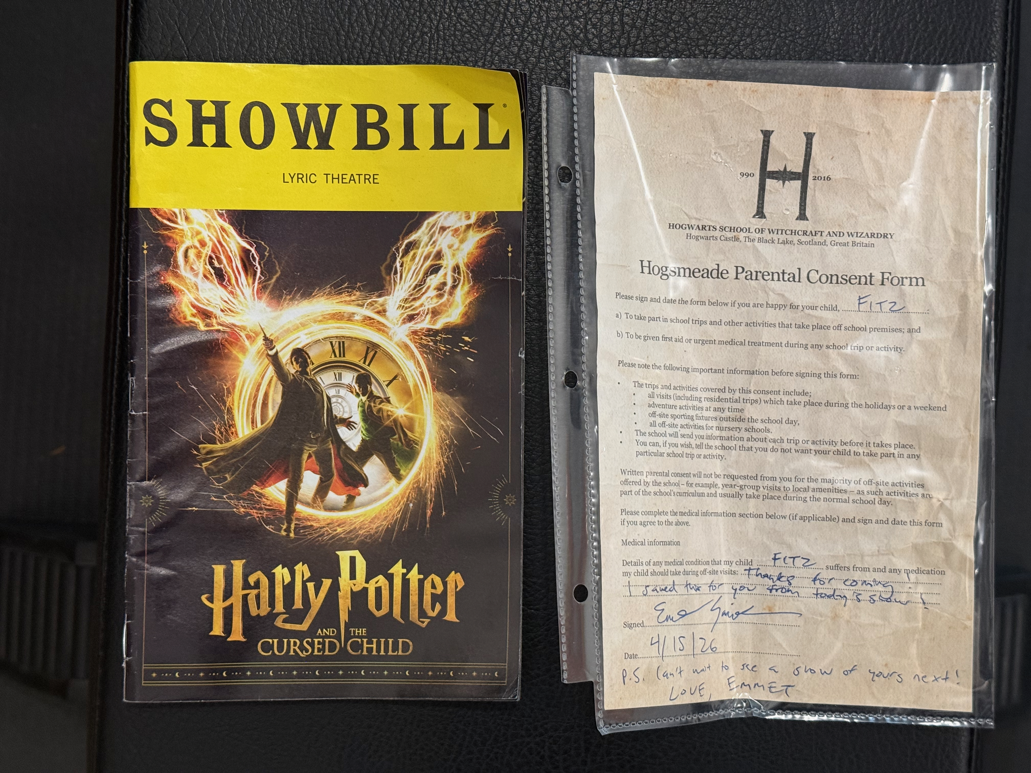 The Showbill for Harry Potter and the Cursed Child next to Fitz's personalized Hog-meade Parental Consent Form, signed by Emmet