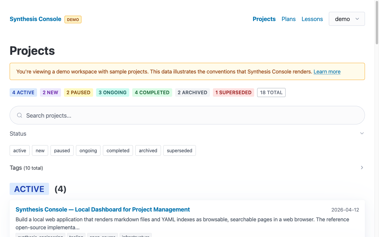 Synthesis Console in demo mode showing 18 sample projects across all seven status types, with the DEMO badge and yellow banner indicating sample data