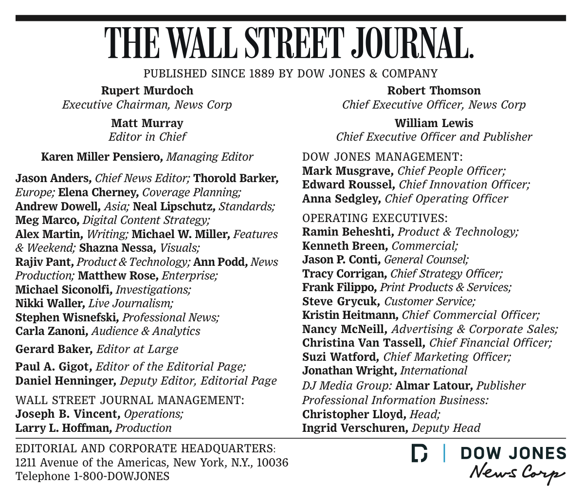The Wall Street Journal masthead, showing Rajiv Pant listed as part of the newsroom leadership team under the Editor-in-Chief
