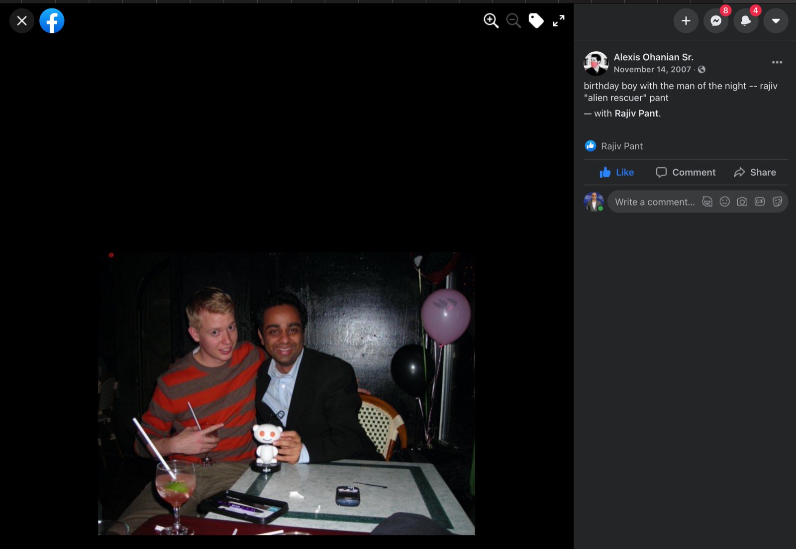 Alexis Ohanian’s Facebook post from November 14, 2007, where he nicknamed me the “alien rescuer”